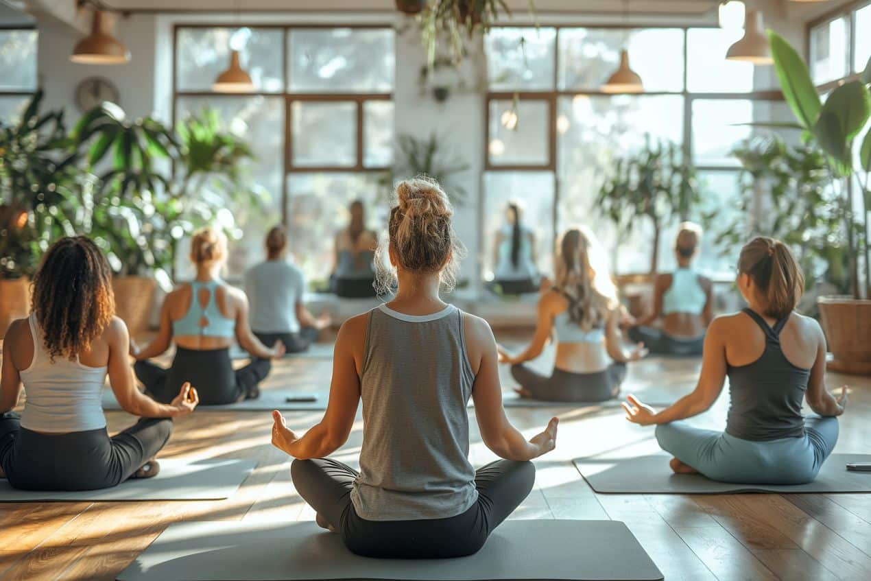 Blumentopf steht in lichtdurchflutetem Yoga-Raum mit natürlichem Interieur, entspannter Gruppenszene und durchdachtem Raumkonzept.