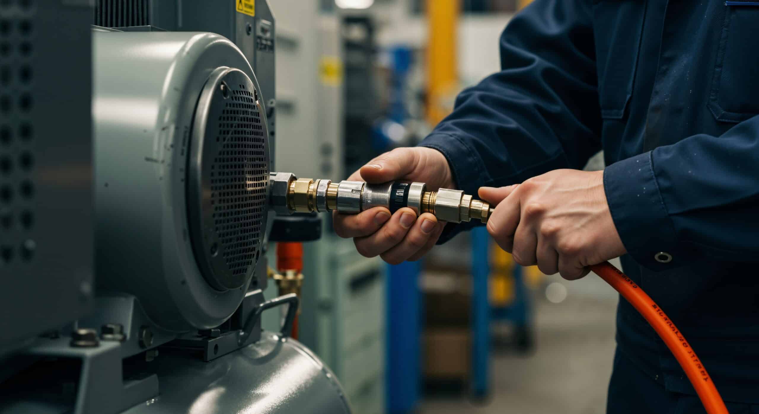 Fachkraft schließt temperaturbeständigen Schlauch an Industriemaschine an