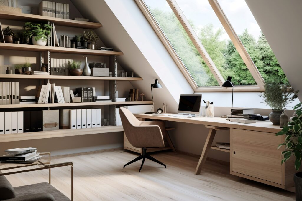Innenarchitektur eines modernen skandinavischen Heimbüros mit Schreibtisch und Regalen
