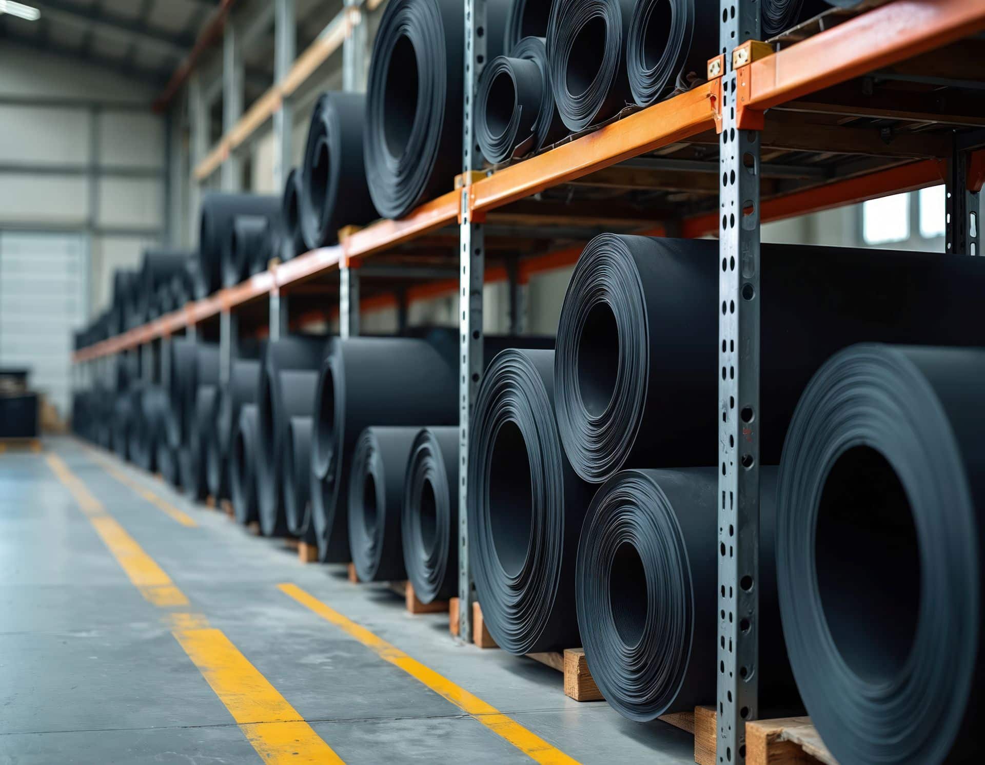 Regallager mit PE Rundschnur und Dichtungsmaterialien auf Rollen – typische industrielle Lagerung für Produktion und Montageeinsatz.