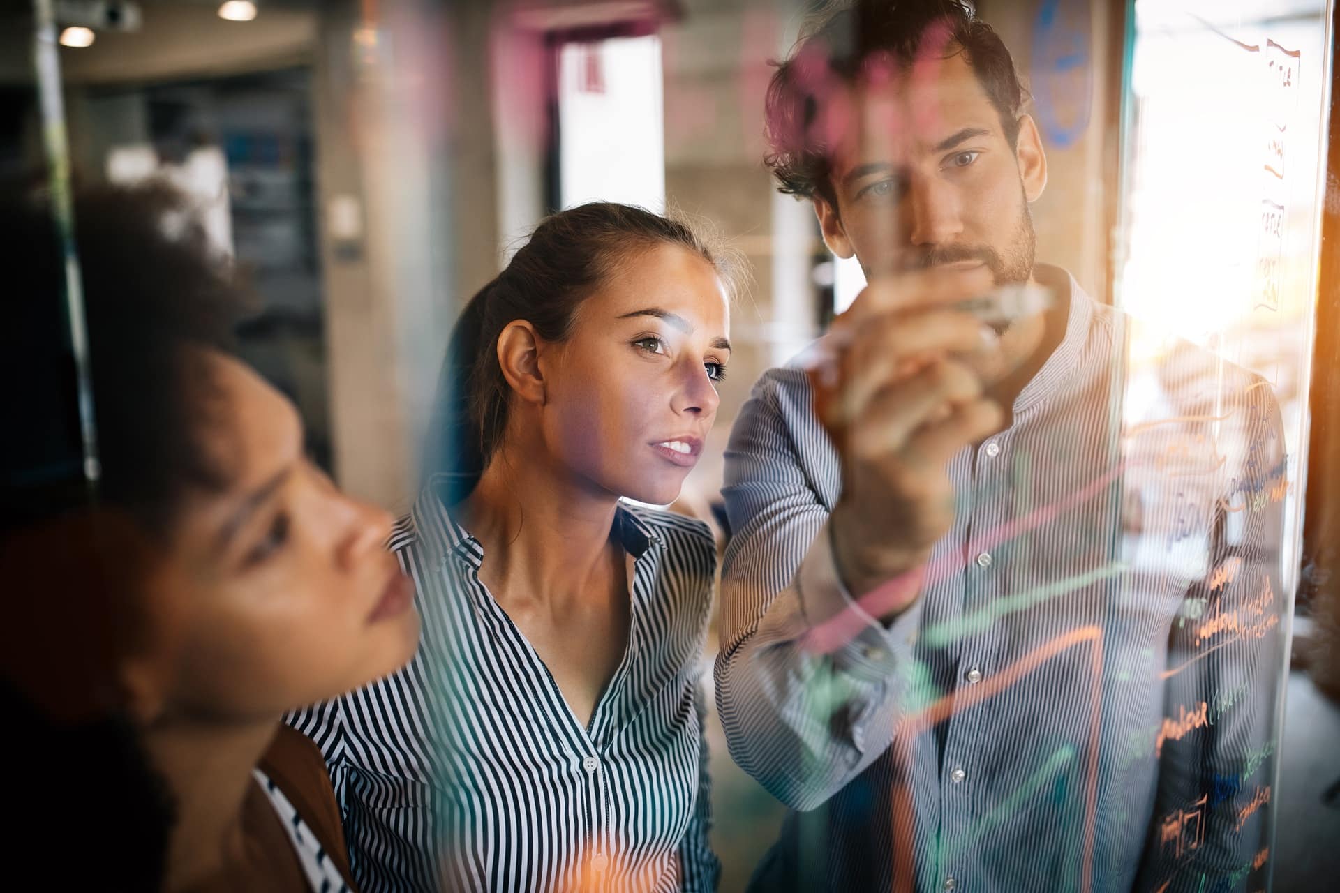 Team arbeitet gemeinsam an Strategieplanung auf Glaswand | Gehaltsabrechnung online
