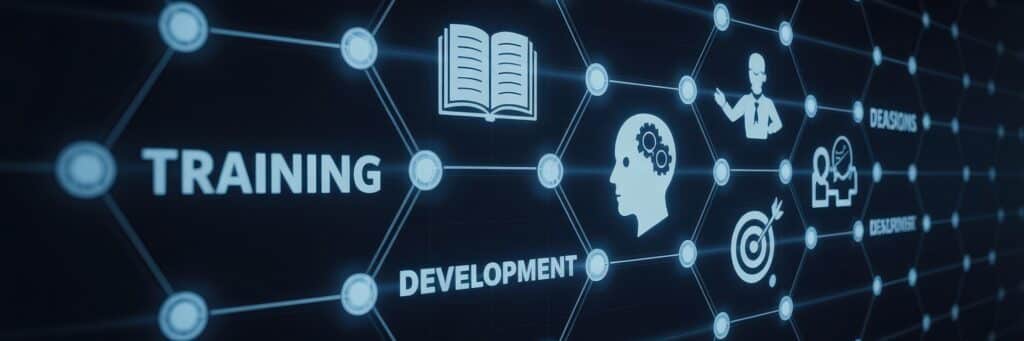 Digitale Icons zu Training, Entwicklung und Lernen auf dunklem Hintergrund | E-Learning Anbieter